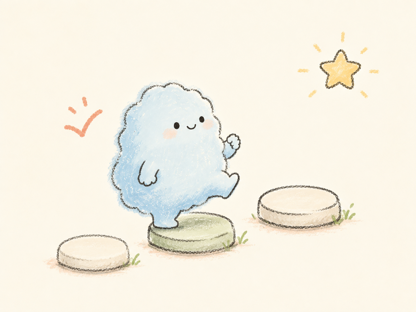 A hand-drawn blue companion taking small steps toward a star